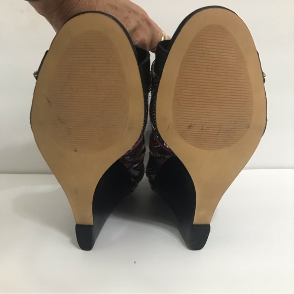 June by June Ambrose Peep Toe Stacked Heel Leather and Fabric Wedge 11M - Picture 6 of 8